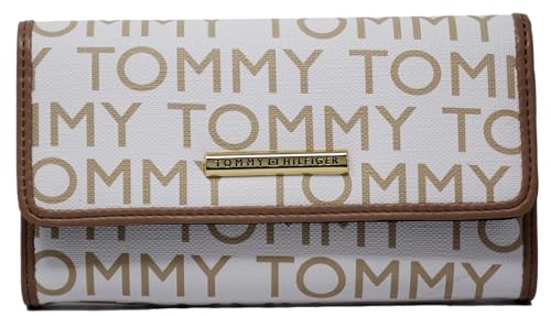 Tommy Hilfiger Carteira feminina TH Logo Print Checkbook Bolsa clutch - Branco/Tan, Branco, Carteira continental