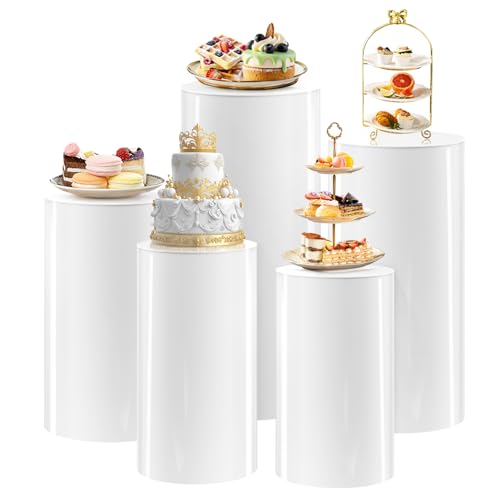 SaitiMade Set of 5 - White Cylinder Stands, Round PVC Pedestal Stands