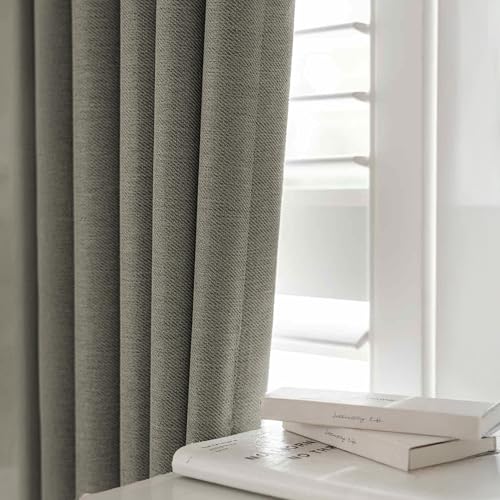 Image of LINENWALAS 100% Blackout Curtains for Window (5 Feet) - Set of 2 Panels, Rich Linen Texture Complete Light Block Heavy Panels, Thermal Insulated & Noise Reducing Room Darkening Curtains (Olive Grey)
