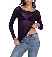 Womens Mesh Tops Long Sleeve Sheer Shirts Fitted Crewneck See Through Sexy Top Clubwear Party Clu...