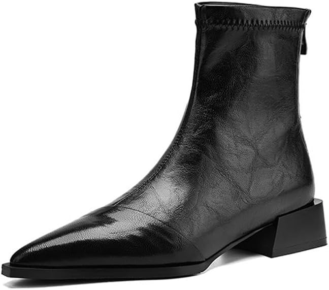 Women's Leather Chunky Heel Ankle Boots with Back Zipper Retro Comfortable Pointed Toe Low Heel Short Bootie for Daily Casual Dress Boots