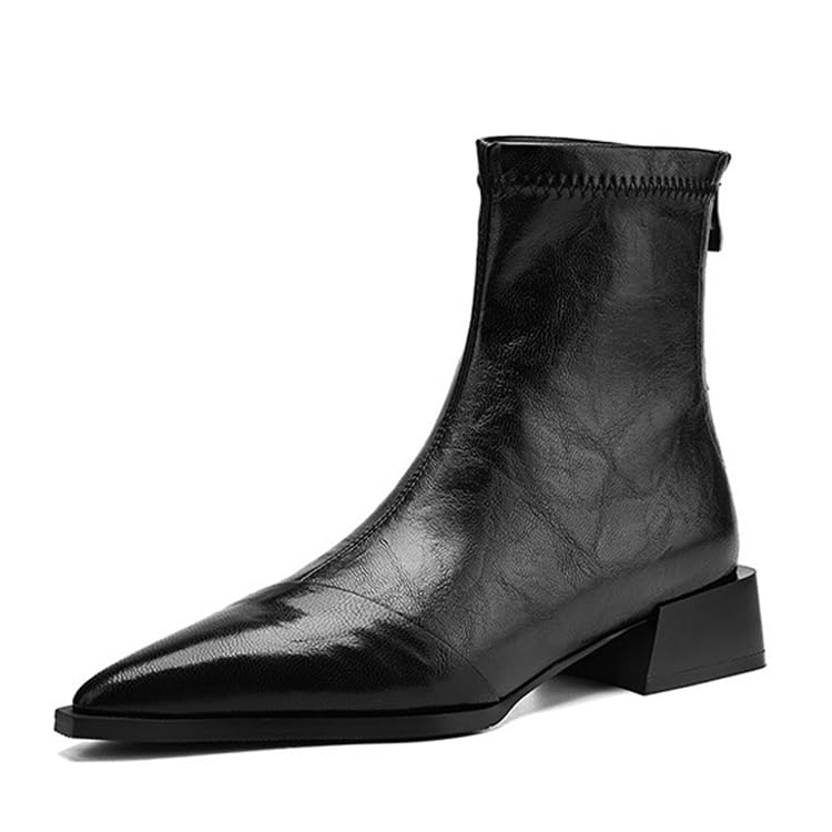 Womens Leather Chunky Heel Ankle Boots with Back Zipper Retro Comfortable Pointed Toe Low Heel Short Bootie for