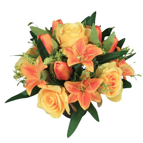 Artificial/Silk Flower Arrangement in Grave pot, 27cm in warm autumn shades