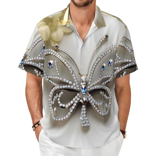 Chemise manches courtes homme strass papillons fleurs pour l'été et le quotidien