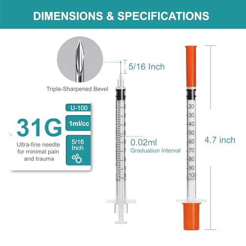 U-100 syringes with needle - 1ml 31G ( 31 gauge ) 5/16 inch syringe with needles scale in 100 units , 1 ml / 1cc Pack of 30 ( 30 Pcs )