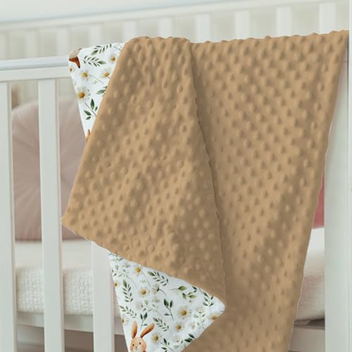 Image of Brown Baby Blankets for Girls 30 x 40, Soft Double Layer Minky Blanket with Dotted Fleece Back, Nursery Bed Receiving Quilt Newborn Infant Toddler Shower Gift Bunny Spring Daisy Flower Theme