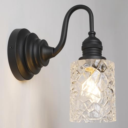 Image of Black Bathroom Vanity Light with Clear Checkered Glass Shade