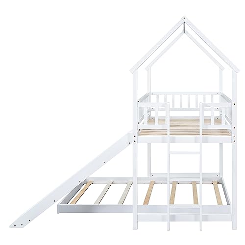 Image of Bellemave Twin Over Full Bunk Bed with Slide and Built-in Ladder, House Shaped Solid Wood Bunk Beds with Full-Length Guardrail for Kids,Teens, Adults, No Box Spring Required, White