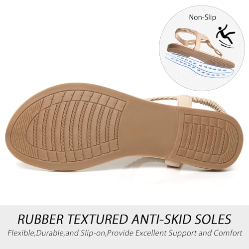 Image of iCKER Womens Braided T‑Strap Flat Sandals Elastic Stretch Ankle Strap | Boho cute casual lightweight and comfort matches dresses for beach vacation