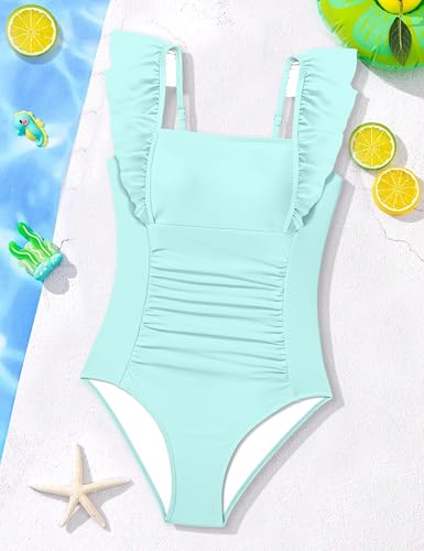 Image of NECIOUS Girls Swimsuit Ruffle Adjustable Straps One Piece Bathing Suit Solid Color Ruched Girls' Swimwear 9-16Y
