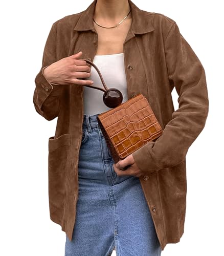 VOIKERDR Faux Suede Shackets for Women Long Sleeve Button Up Shirt Women with Pockets Spring Outfits for Women 2025