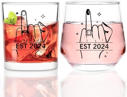 Futtumy Ring Finger Est 2024 Wine Glasses and Whisky Glasses, Wedding Gifts for Couples, Bridal Shower Gifts, Bride and Groom Gifts, Engagement Gifts for Couples Mr. Mrs. His Hers Bride To Be