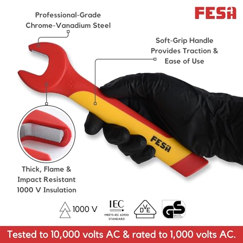 FESA 1000V Insulated Open End Wrenches - 14-Piece Professional Insulated Wrench Set with Traction Handles, Durable CR-V Steel - 1000 Volt Tools for Electricians & Mechanics (Metric)