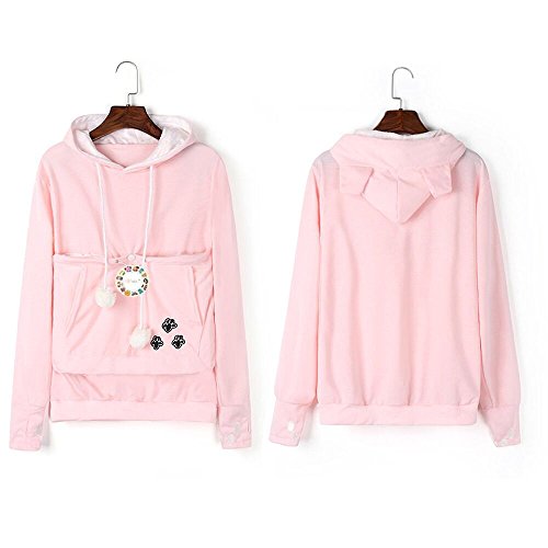 Jomago Womens Pet Carrier Thin Hoodies Kitten Puppy Pouch Shirts Animal Holder Hood Long Sleeve Sweatshirt Thin Pink