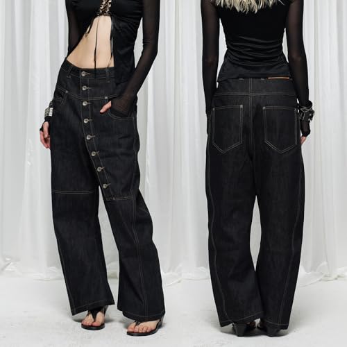 Unisex Y2k 90s Vintage Curved Long-Row Multi Button Wide Leg Jeans Hiphop Punk Street Grunge Loose Casual Denim Pants4