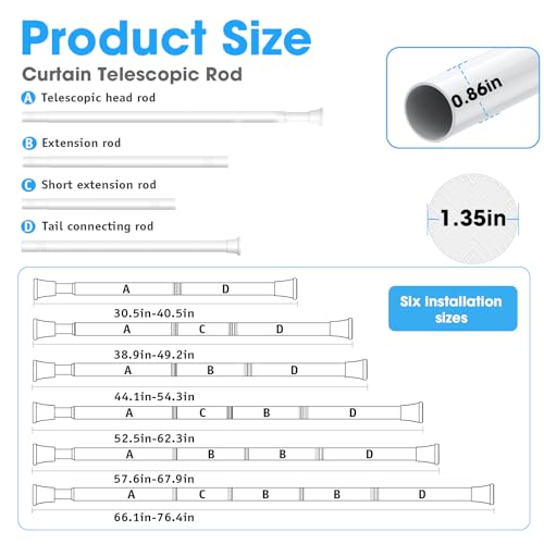 Image of MEXAU 1Pcs White Spring Tension Curtain Rods 31-77In,Expandable Shower Rod | Adjustable Expandable Tension Rod Pressure Rod,Shower Curtain Rod Spring loaded Curtian rod for Window Bathroom Door Kitchen