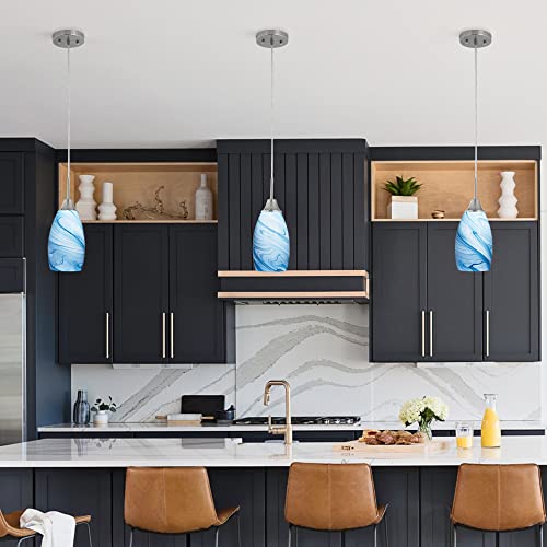 Image of Mini Glass Pendant Light with Handblown Blue Marble Art Glass Shade Adjustable Cord Modern Oval Lamp Ceiling Pendant Light Fixture for Dining Room, kitchen,Foyer, Hallway, Brushed Nickel Finish 3 Pack
