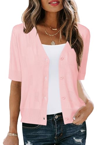 Image of Arach&Cloz Women's Lightweight Spring Summer Business Casual Cropped Short Sleeve Cardigan