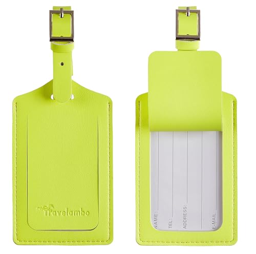Image of Travelambo 4 Pack Leather Luggage Tags for Suitcases Travel Labels (Neon Yellow)