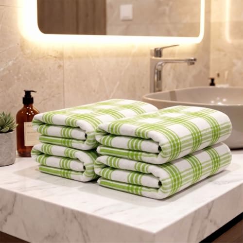 Image of Athom Living Premium Hand Towels- Cotton, 400 GSM, Ultra Soft, Quick Dry, Highly Absorbent | for Hand, Kitchen and Gym | 60 * 40 cm, Pack of 4 (Green Strips)