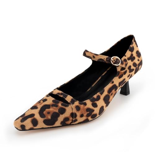 JORISTIMO Pointed Toe Pump Kitten Heel Pumps for Women Comfort Leopard Print Low Heel Pumps with Strap Dressy Wide Width Heels