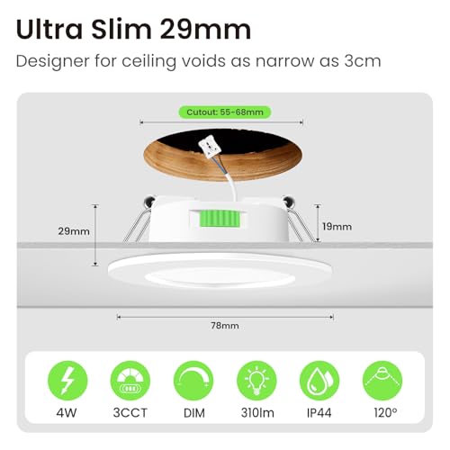 ALUSSO LIGHTING Einbaustrahler Led,68mm Lochmaß 4W LED Einbaustrahler 230V Dimmbar, IP44 Warmweiß 3000K Neutralweiß 4000K Kaltweiß 6500K Deckenspots für Badezimmer Küche Wohnzimmer,Weiß,12er Set