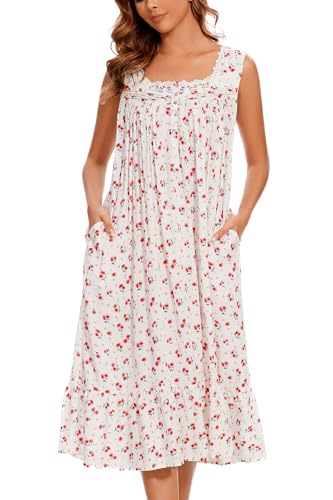 Image of AVIIER Cotton Nightgowns for Women Sleeveless House Dress Ladies Long Nightdress with Pockets S-XXL
