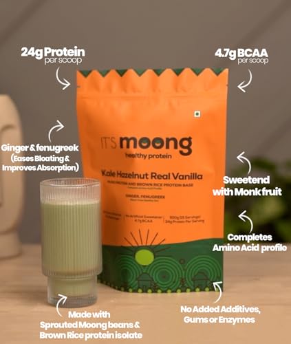 Image of It's Moong Mung Bean & Brown Rice Isolate Plant Protein Powder for Men & Women | 24gms per serve 4.7gms BCAA| Kale Hazelnut Real Vanilla | 500 gms | Sprouted Plant based protein| Plant Protein