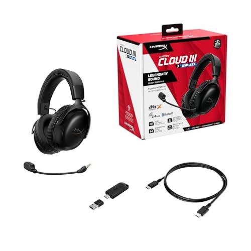 HyperX Cloud III S, Casque Gaming sans Fil, Bluetooth/2,4 GHz, PC/PS5/Xbox, jusqu'à 200h de Batterie, transducteurs 53 mm, DTS, Micro 10 mm, Noir