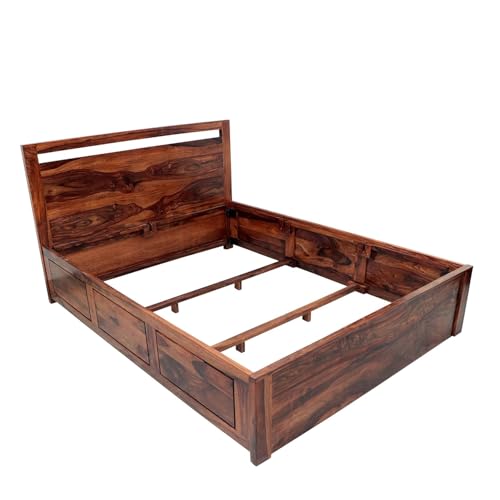 Image of Ganpati Arts Solid Sheesham Wood Jaipur Queen Size Bed with Box Storage | Wooden Double Bed Cot Palang Furniture for Bedroom Living Room Home and Hotel (Natural Finish) 1 Year Warranty