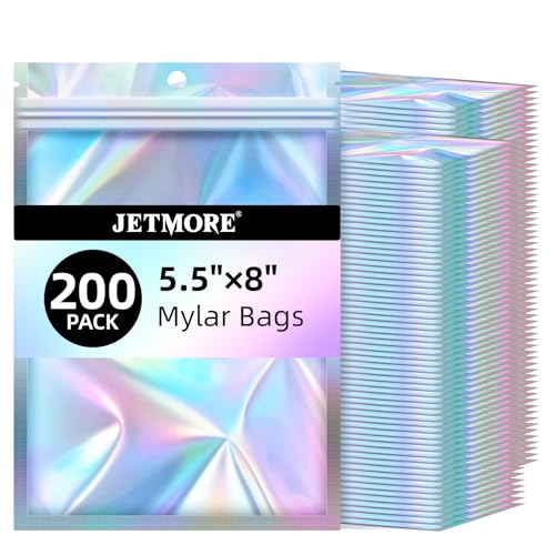 JETMORE Holographic Bags, 200 PCS Mylar Bags, 5.5x8in Resealable Treat Bags