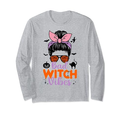 Bad Witch Vibes Halloween Spooky Season Messy Bun Women Girl Manga Larga