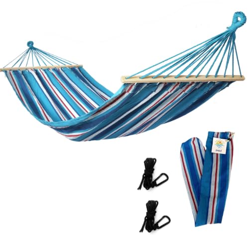 Rijoka Hamac avec barre d'écartement - 200 x 140 cm - Rayures bleues - 1 personne - Avec 2 crochets, corde et sac de rangement
