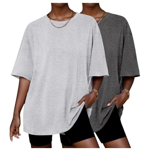 Ekouaer 2 Pack Womens Pajama Tops Short Sleeve Oversized T Shirts Summer Spring Tops 2025 Basic Casual Tee Top Charcoal Grey/Light Grey XL