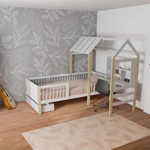 Juskys Kinderbett Yari 90x200 cm - Einzelbett mit Schreibtisch & Schublade, Kiefernholz & Langlebige Materialien, Verspieltes Haus-Design - Weiß/Natur