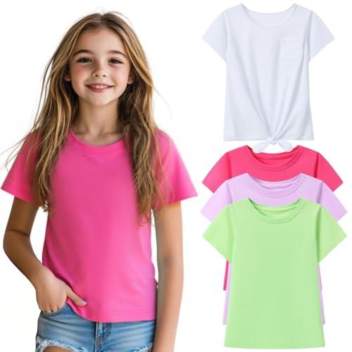 HILEELANG 4 Packs Girls Shirts Summer Short Sleeve Cotton Soft Plain Solid Pure Color Tops Tee Basic Shirts