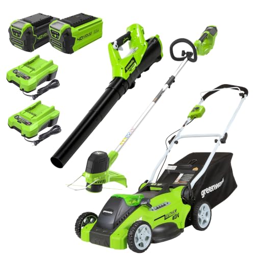 Image of Greenworks 40V 16 inch (Push) Cordless Lawn Mower (1 /3 Acre) + 12 inch String Trimmer + Leaf Blower, 4.0Ah + 2.0Ah Batteries and (2) Chargers Included
