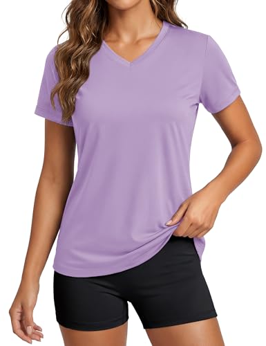 MAGCOMSEN Short Sleeve Shirts for Women Quick Dry SPF 50 Summer T Shirts Exercise Running Workout Shirts Grey Purple L