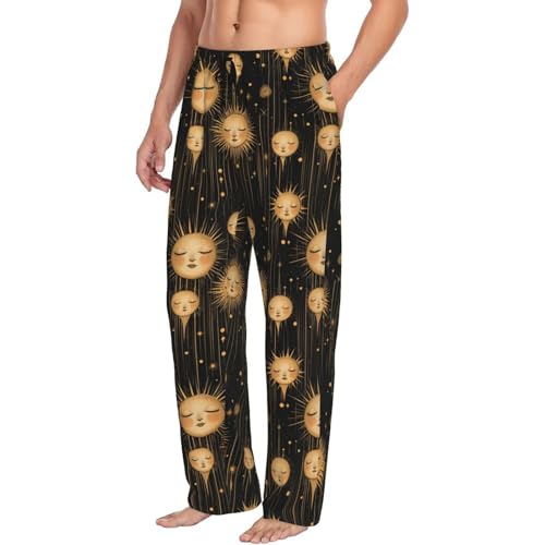 Mens Pajama Pants - Cute Golden Sun Print Soft Sleep Lounge Pants For Men, Casual Pj Bottoms With Pockets