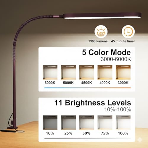Image of SKYLEO LED Desk Lamp - Desk Light for Home Office - Flexible Gooseneck - 5 Color Modes X 11 Brightness Levels - 1300LM - Timmer & Memory Function - 12W Clip on Light - Red
