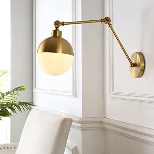 Image of JONATHAN Y 12.5 inch Brass Gold 1-Light Iron and Glass Arm-Adjustable LED Sconce, Mid-Century Modern Art Deco Wall Lamp for Bedroom Living Room, LED Bulb Included JYL9931A