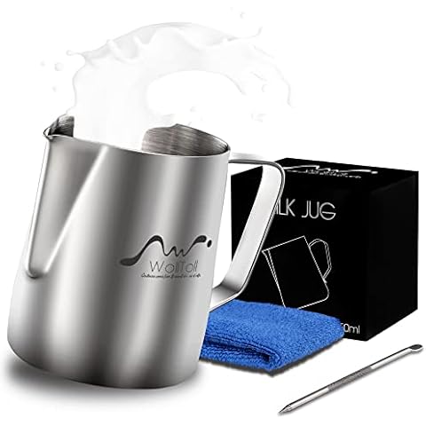 Stainless Steel Milk Frothing Pitcher, 12oz/350ml Milk Coffee Cappuccino Latte Art Frothing Pitcher Barista Milk Jug Cup, Measurements on Both Sides Inside Decorating Art Pen & Microfiber Cloth Cover