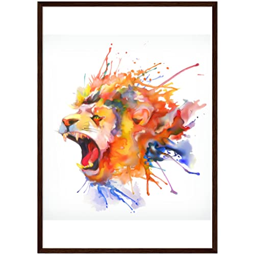 Aquarelle Lion rugissant - Impression d'art murale avec cadre bois 50x70cm