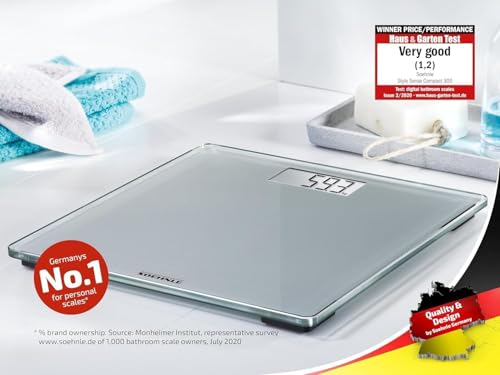 Soehnle Style Sense Compact 300 Personen Digitalwaage mit extragroßer Trittfläche, Waage mit gut lesbarer LCD-Anzeige, Personenwaage im extraflachen Design, Körperwaage aus Sicherheitsglas