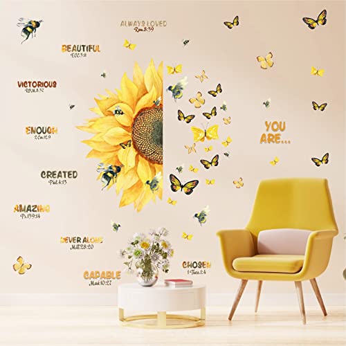 Kazova Inspirational Quotes Wall Decals Giant Sunflower Butterfly Wall Stickers Flower Bee Quotes Wall Decal Yellow Flower Family Sticker Wall Decal For Teens Girls Bedroom Living Room Art Decor #TOP6