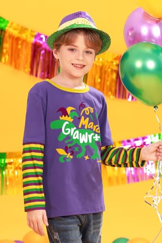 Image of Unisex Kids St Patrick's Mardi Gras Stripe Patchwork Long Sleeve Carnival Shirt 4-14 Years