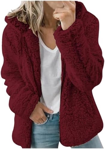 Sherpa Fleece Jackets For Women Casual Solid Long Sleeve Zipper Hooded Plush Coat Winter Warm Fuzzy Soft Sweater With Pockets