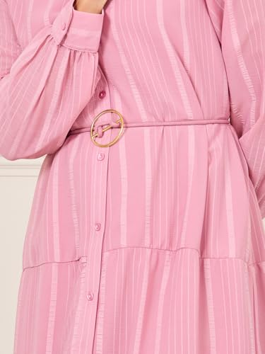 Image of Styli Women'S Striped Tiered Shirt Maxi Dress with Buckle Self Tie Up Dress | Long Cuffed Sleeves | Shirt Collar | Polyester Fabric | Button Closure Pink