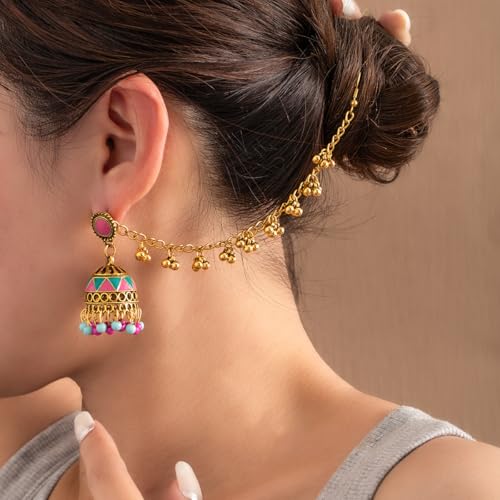 Vintage Indian Colorful Bell Tassel Dangle Drop Earrings for Women Boho Multicolor Jhumka Jhumki Stud Earring with Hair Chain Bohemian Ethnic Mexico Gypsy Bollywood Statement Fashion Jewelry2