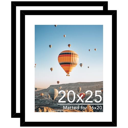 JCJMY 20x25 Picture Frame with 16x20 Mat Set of 2 Display Photo 16x20 with Mat or 20 x 25 Without Mat Wall Hanging Large 20 by 25 Poster Frame with Plexiglass 2 Pack Black